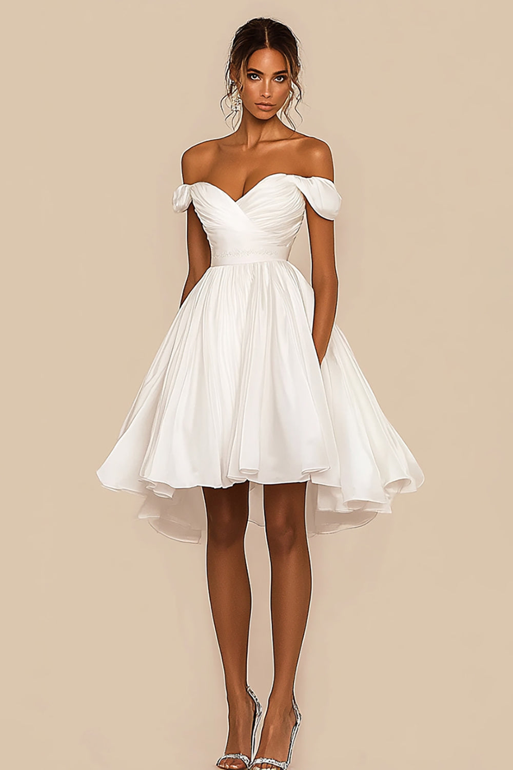 Off The Shoulder Chiffon White A Line Pleated Short Graduation Dress