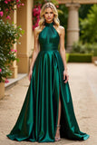 Dark Green Halter Satin A Line Ruched Long Formal Dress with Slit