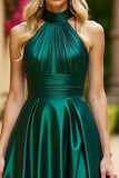 Dark Green Halter Satin A Line Ruched Long Formal Dress with Slit