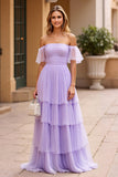 Lilac Chiffon Off the Shoulder Pleated Tiered A Line Long Formal Dress