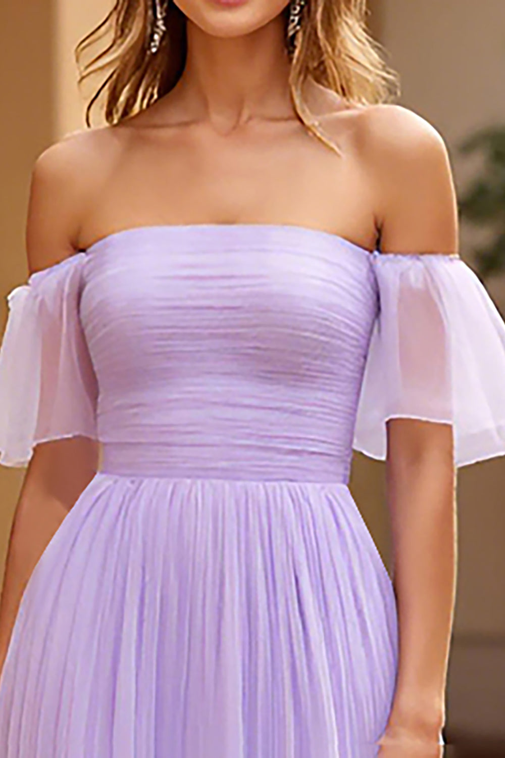 Lilac Chiffon Off the Shoulder Pleated Tiered A Line Long Formal Dress