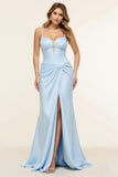 Sky Blue Spaghetti Straps Satin Ruched Sheath Long Formal Dress with Slit