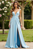 Sky Blue Spaghetti Straps Ruched Satin A Line Long Formal Dress with Slit