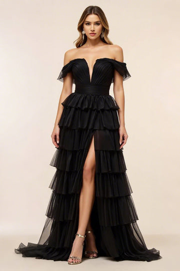 Black Chiffon Tiered Off the Shoulder Long Formal Dress with Slit