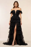 Black Chiffon Tiered Off the Shoulder Long Formal Dress with Slit