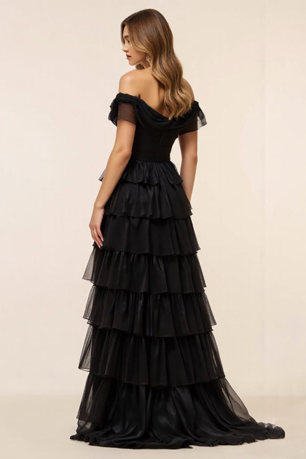 Black Chiffon Tiered Off the Shoulder Long Formal Dress with Slit