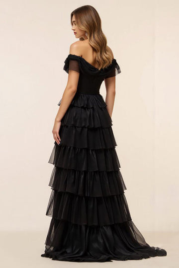 Black Chiffon Tiered Off the Shoulder Long Formal Dress with Slit