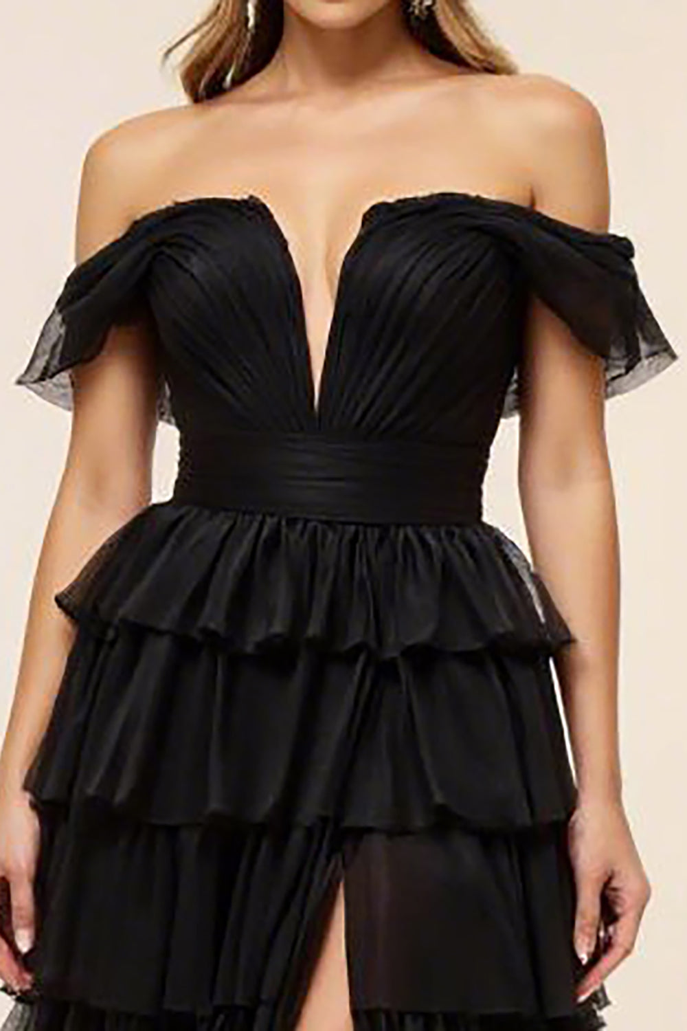Black Chiffon Tiered Off the Shoulder Long Formal Dress with Slit
