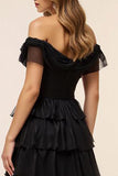 Black Chiffon Tiered Off the Shoulder Long Formal Dress with Slit