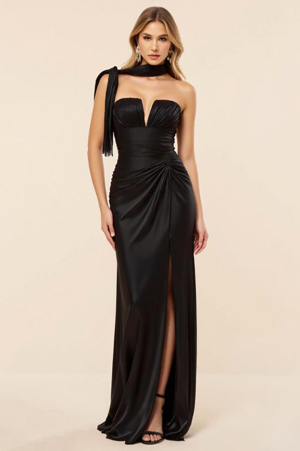 Black Strapless Sheath Ruched Satin Long Formal Dress with Slit