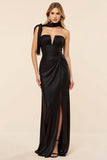Black Strapless Sheath Ruched Satin Long Formal Dress with Slit
