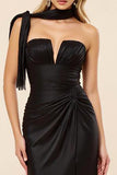 Black Strapless Sheath Ruched Satin Long Formal Dress with Slit