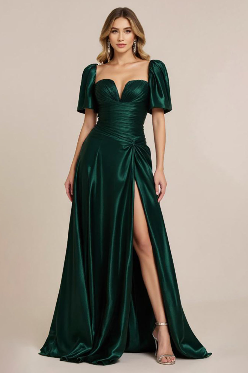 Dark Green Satin A Line V Neck Ruched Long Formal Dress with Slit