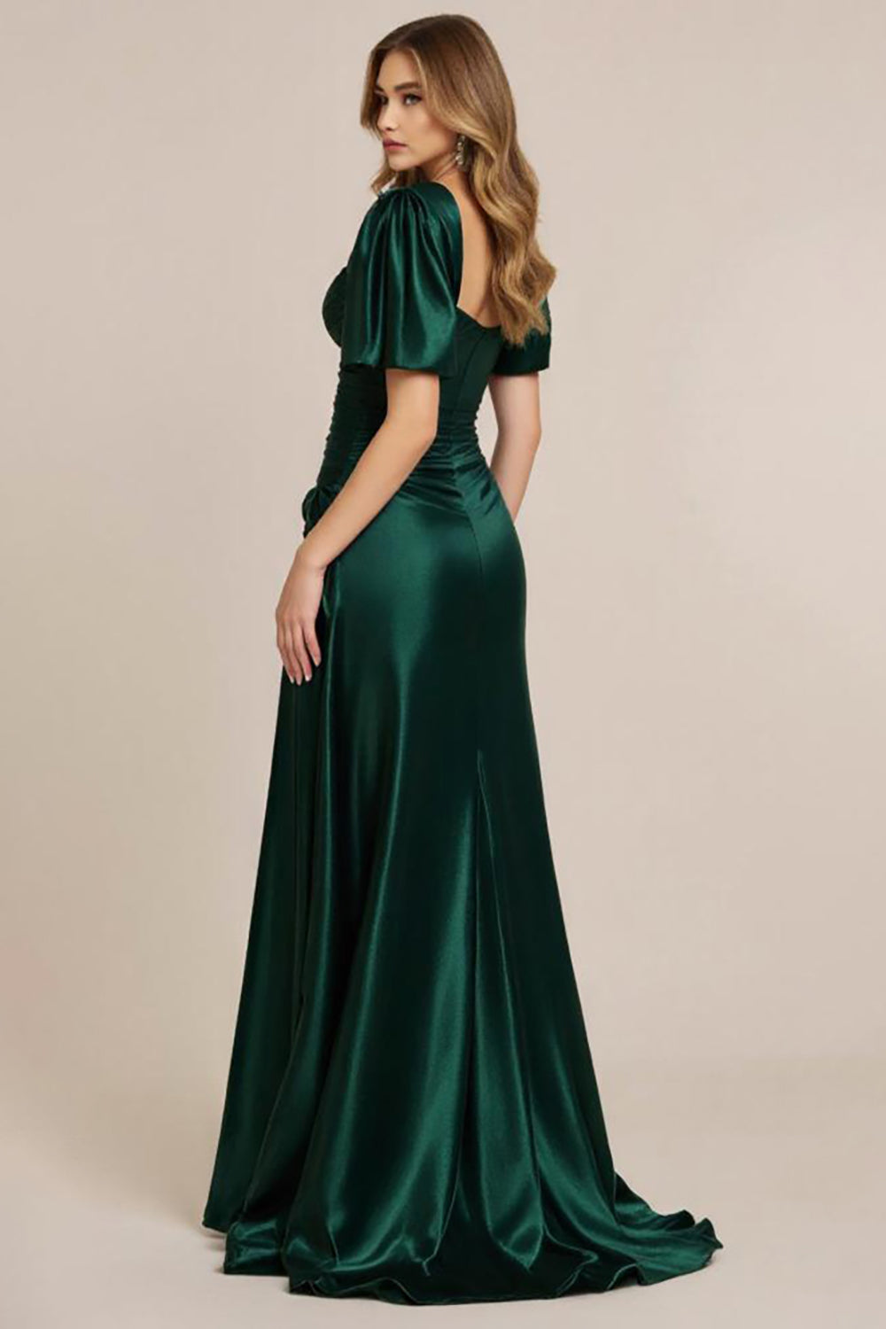 Dark Green Satin A Line V Neck Ruched Long Formal Dress with Slit