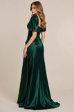 Dark Green Satin A Line V Neck Ruched Long Formal Dress with Slit
