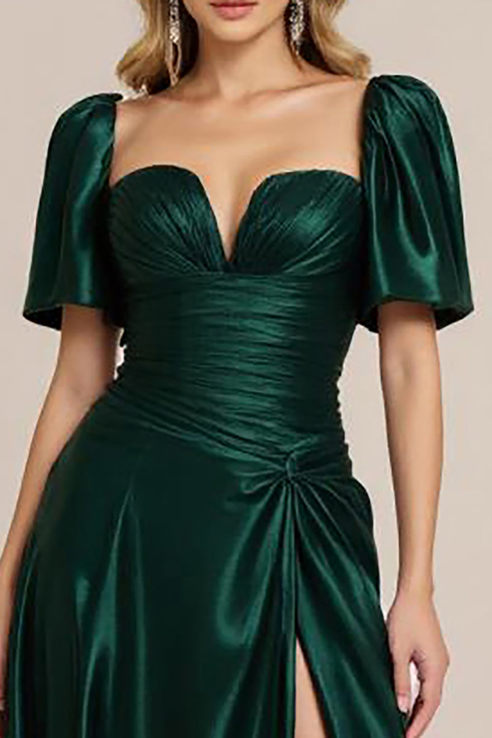Dark Green Satin A Line V Neck Ruched Long Formal Dress with Slit