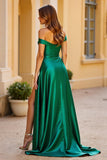 Dark Green Off the Shoulder Satin A Line Long Prom Dress with Slit