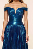 Peacock Blue Metallic Off the Shoulder Pleated A Line Dress