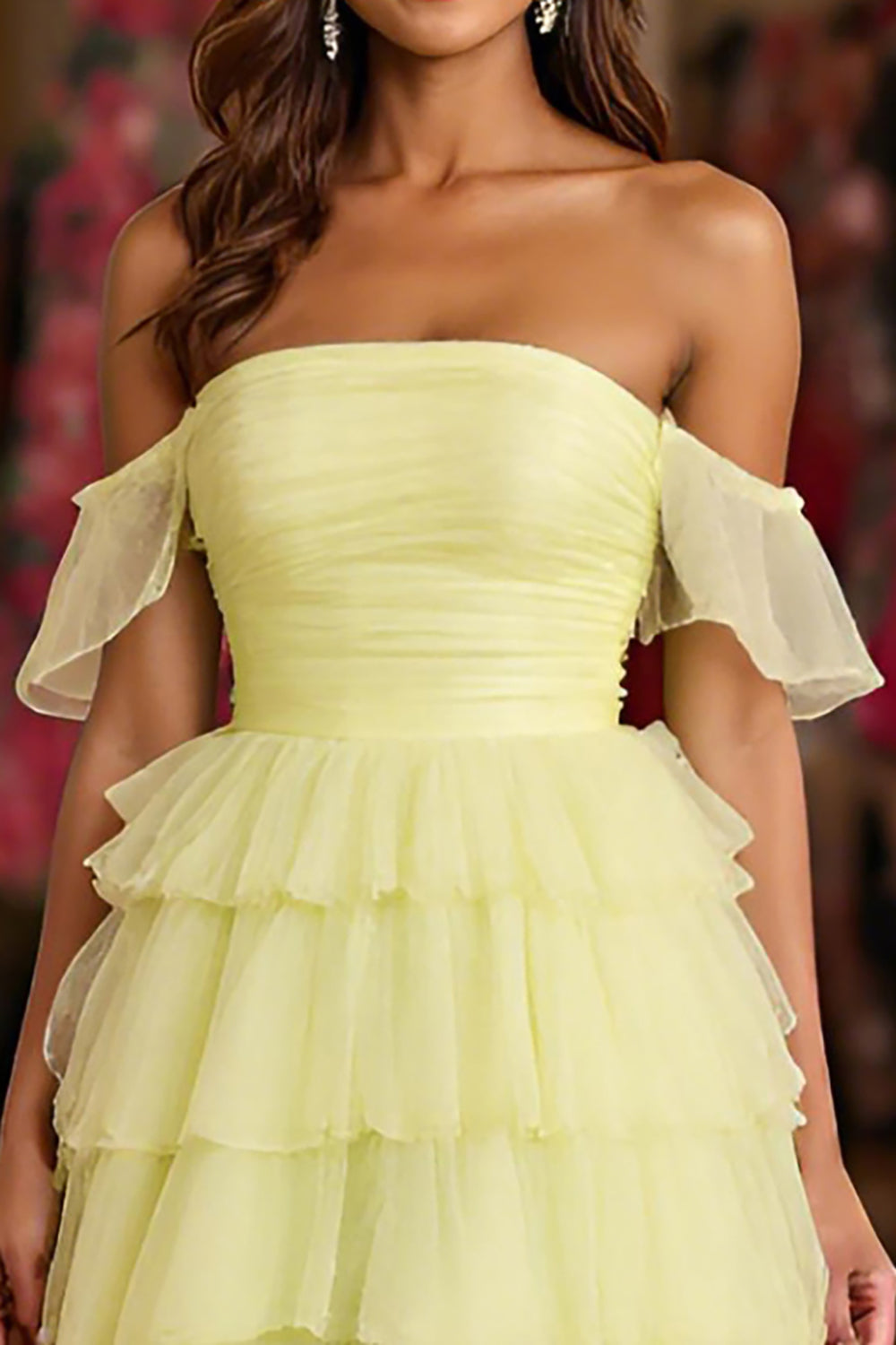 Lemon Yellow Tulle Tiered Ball Gown Off the Shoulder Long Formal Dress with Slit