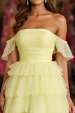 Lemon Yellow Tulle Tiered Ball Gown Off the Shoulder Long Formal Dress with Slit