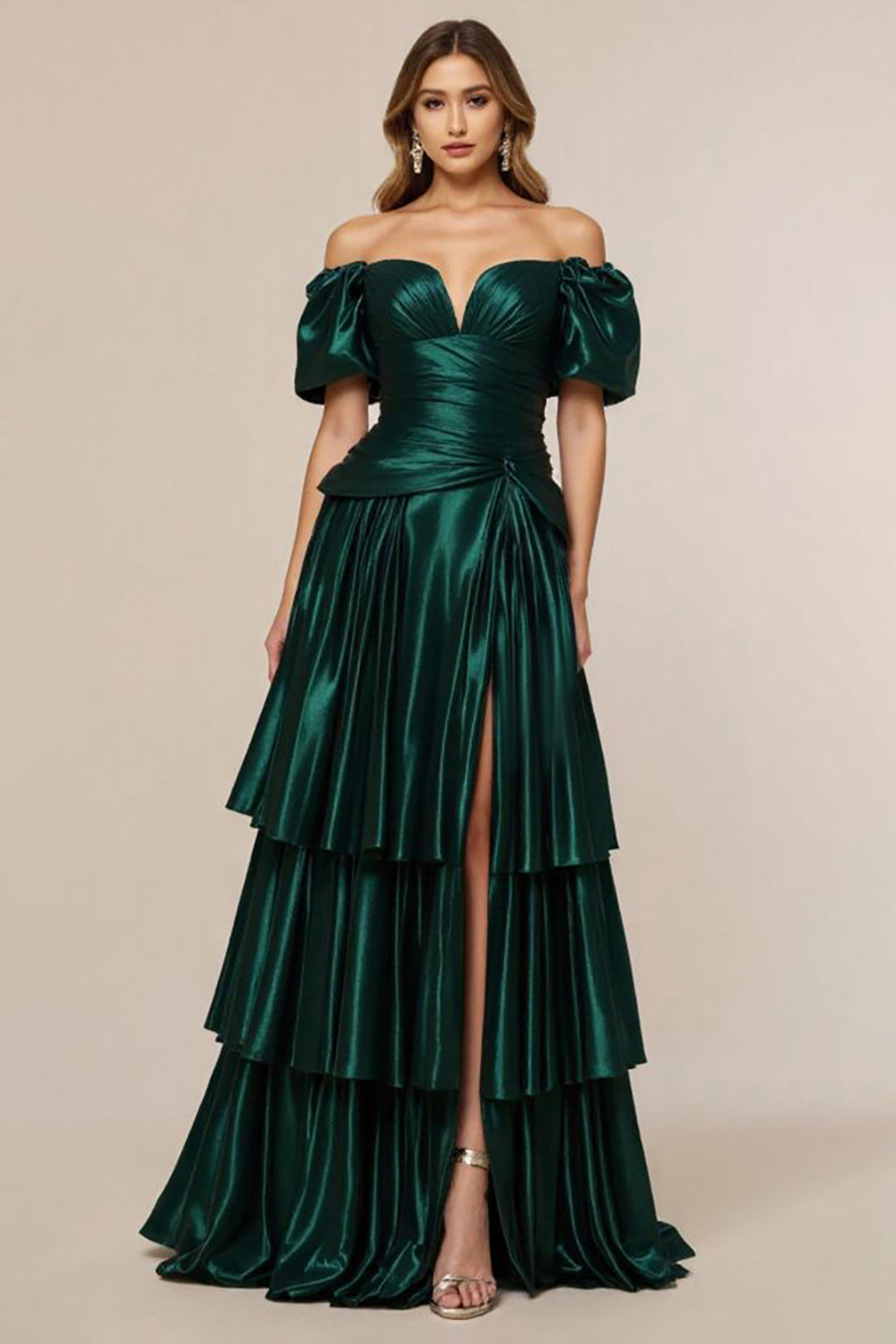 Dark Green Off the Shoulder A Line Tiered Satin Long Formal Dress
