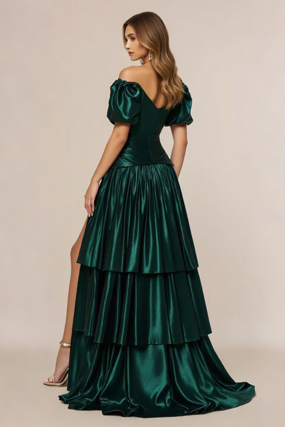 Dark Green Off the Shoulder A Line Tiered Satin Long Formal Dress