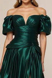 Dark Green Off the Shoulder A Line Tiered Satin Long Formal Dress