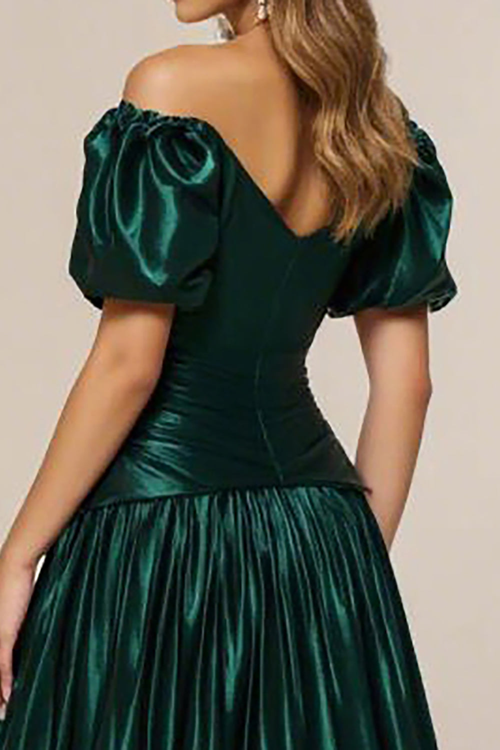 Dark Green Off the Shoulder A Line Tiered Satin Long Formal Dress