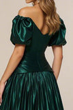 Dark Green Off the Shoulder A Line Tiered Satin Long Formal Dress