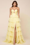 Daffodil Hollow-out A Line Organza Tiered Strapless Long Formal Dress with Slit