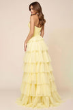 Daffodil Hollow-out A Line Organza Tiered Strapless Long Formal Dress with Slit
