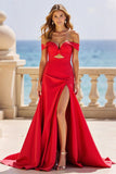 Red Off the Shoulder Satin A Line Hollow-out Long Formal Dress with Slit