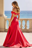 Red Off the Shoulder Satin A Line Hollow-out Long Formal Dress with Slit