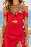 Red Off the Shoulder Satin A Line Hollow-out Long Formal Dress with Slit