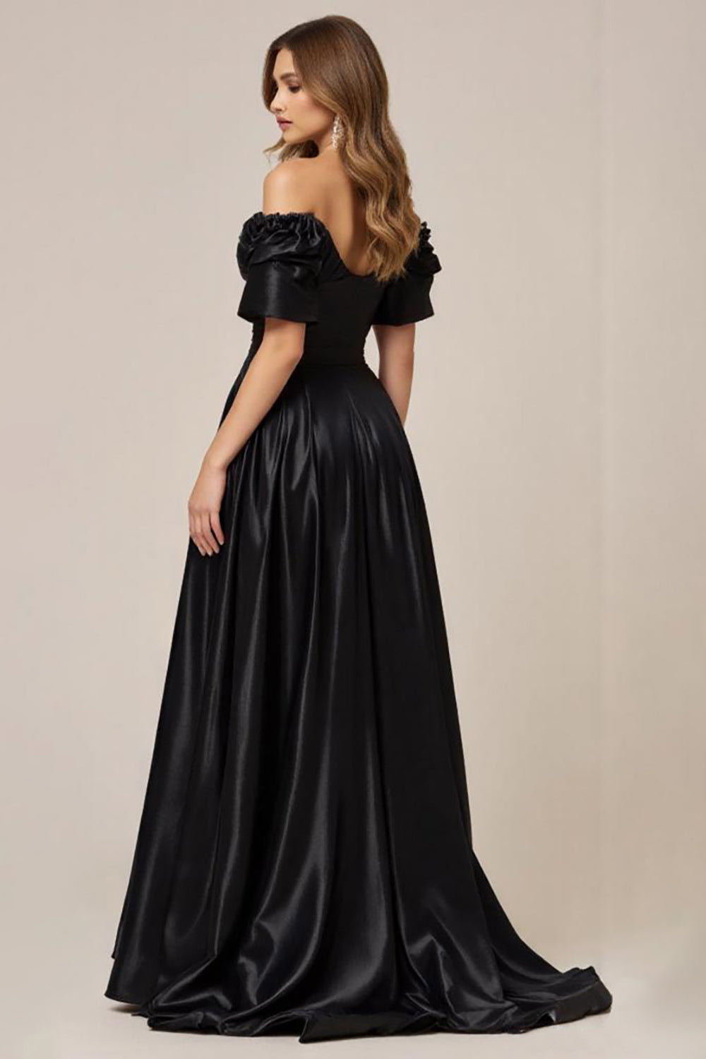 Black Satin Off the Shoulder A Line Long Formal Dress with Slit