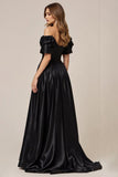 Black Satin Off the Shoulder A Line Long Formal Dress with Slit