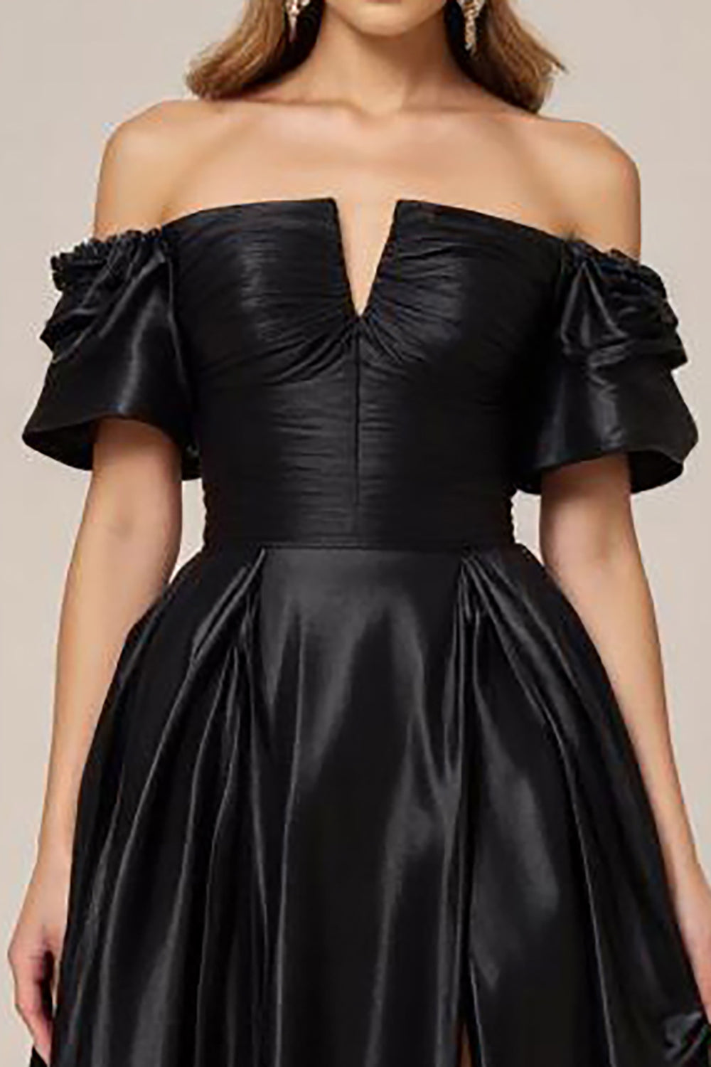 Black Satin Off the Shoulder A Line Long Formal Dress with Slit