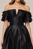 Black Satin Off the Shoulder A Line Long Formal Dress with Slit