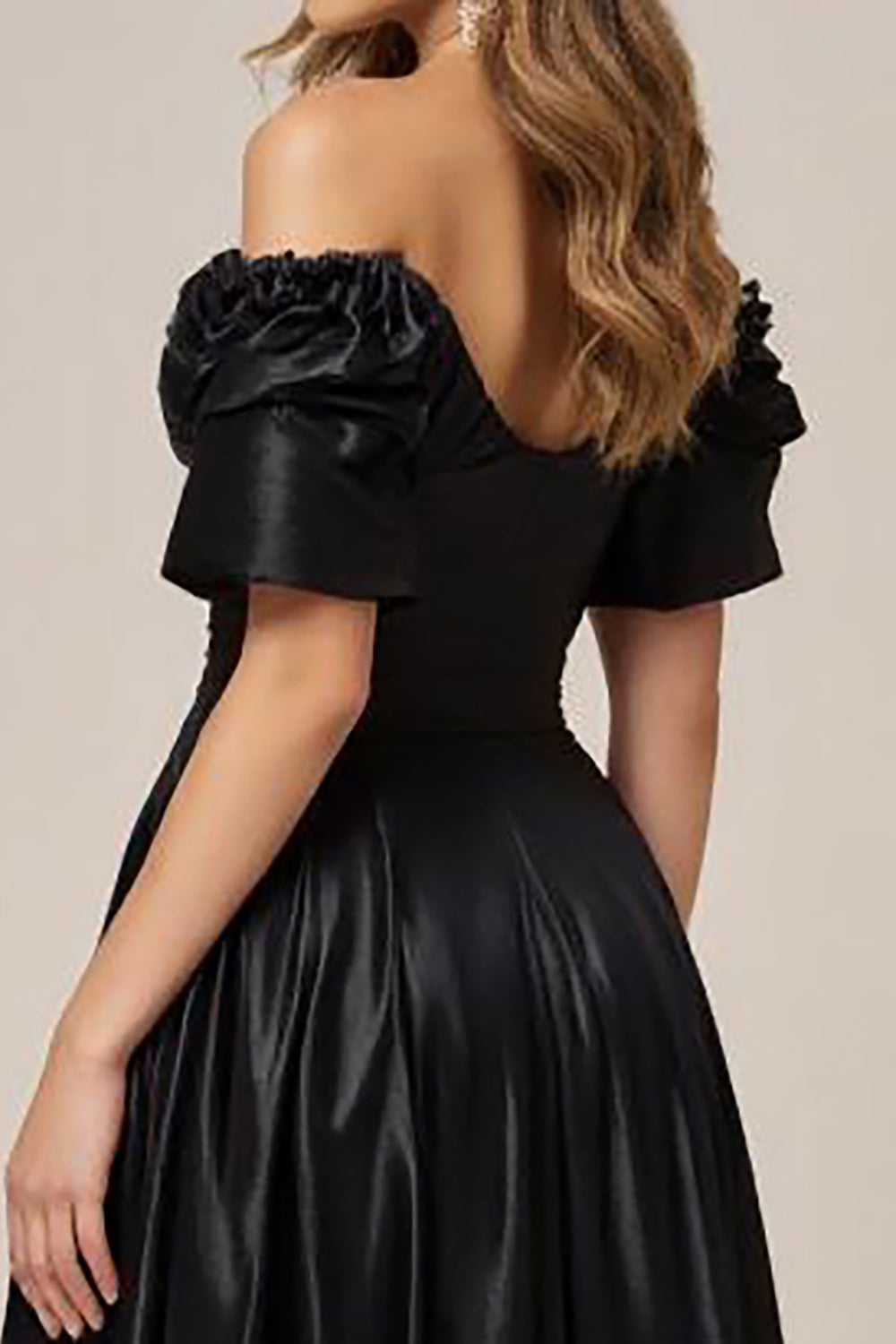 Black Satin Off the Shoulder A Line Long Formal Dress with Slit