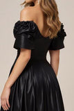 Black Satin Off the Shoulder A Line Long Formal Dress with Slit