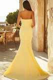 Yellow Mermaid Strapless Satin Long Formal Dress with Slit