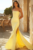 Yellow Mermaid Strapless Satin Long Formal Dress with Slit