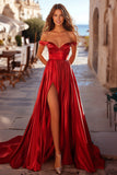 Red Off the Shoulder A Line Pleated Satin Long Formal Dress with Slit
