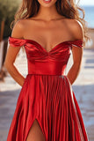 Red Off the Shoulder A Line Pleated Satin Long Formal Dress with Slit