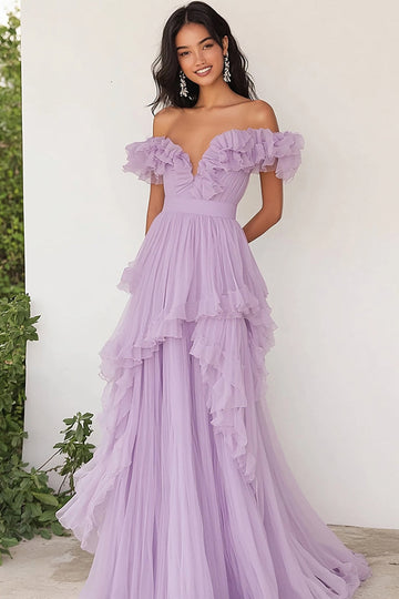 Lilac Chiffon Ruffled Off the Shoulder A Line Pleated Long Formal Dress