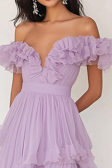Lilac Chiffon Ruffled Off the Shoulder A Line Pleated Long Formal Dress