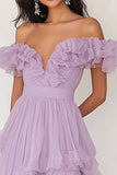 Black Chiffon Ruffled Off the Shoulder A Line Pleated Long Formal Dress
