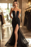 Sparkly Black Strapless Mermaid Sequins Long Formal Dress with Slit