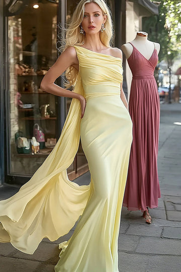 Daffodil One Shoulder Chiffon Mermaid Long Formal Dress with Streamer