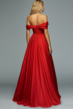 Red Organza Off The Shoulder A Line Pleated Long Formal Dress